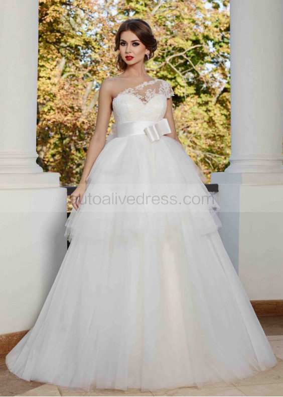 Ivory Lace Tulle One Shoulder Tiered Floor Length Wedding Dress 